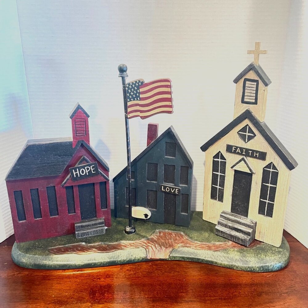 Unique Primitive Wooden Town Buildings with Faith, Hope, Love theme